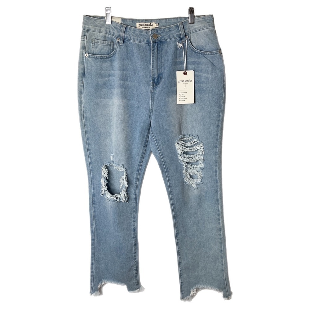 Great Smoky Women's Jeans 13 Straight High Rise Distressed Chewed Hem Light Wash